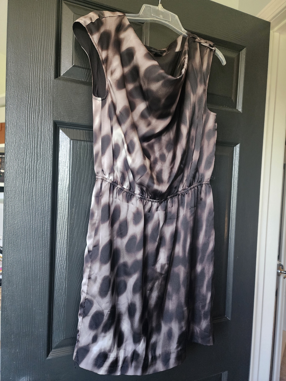 Kenneth Cole New York Gray and Black Satin Leopard Cowl-Neck Mini Dress
